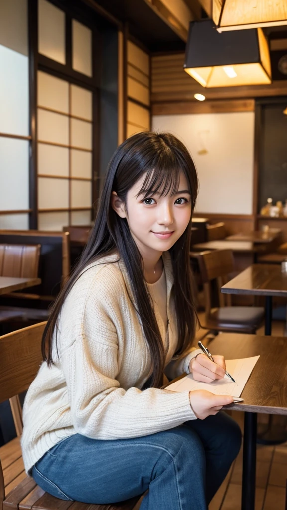 A Japanese girl in her twenties writing a letter in a cafe