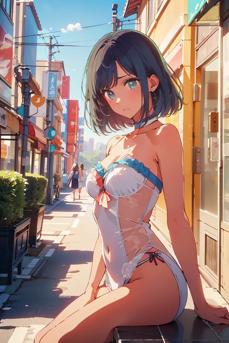mais alta qualidade,8K,detalhado,Busto da copa F、 grandes、thin and beautiful arms、Corpo fino、pele linda muito branca、((((1 pessoa、Sorriso、Trajes de banho、Sorriso、sentar、cadeira、In the background are the urban buildings of Tokyo、Outdoor café terrace、costeiro、Cor de cabelo marinho、Suco、mesa、Cheek supported by hand、She is wearing a white high-waisted bikini with a high waist、olhando pra cima、Fotografando de perto、cara muito fofa))))、pose sexy、y blue sky、A completely cloudless sky、She tilted her head slightly、The atmosphere is bright and lively、The woman is in the center of the image。