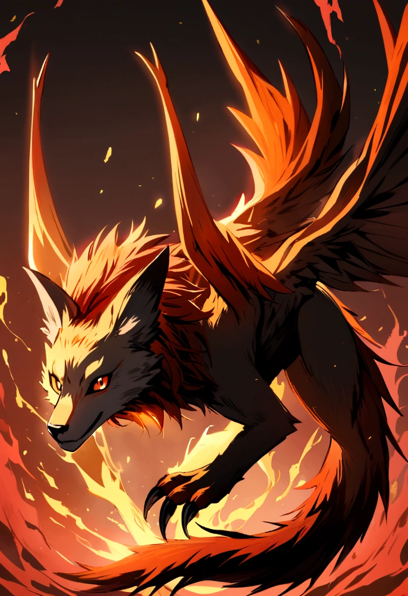 The salamander that like a flying fox and a lion , flying fox wings , 4 legs , ears , hair , yellow liquid pink aura , orange pink eyes , red scale , scarft , not a human