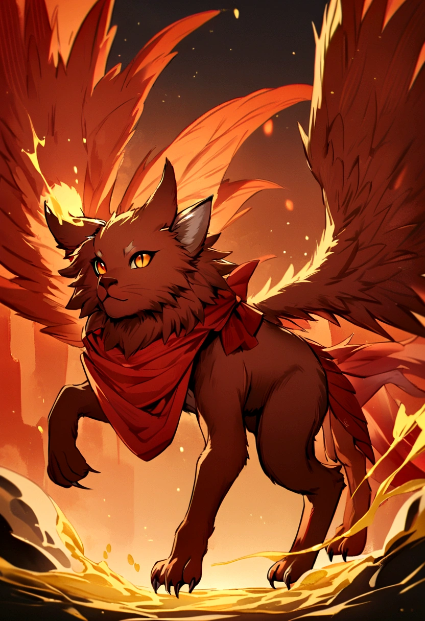 The salamander that like a flying fox and a lion , flying fox wings , 4 legs , ears , hair , yellow liquid pink aura , orange pink eyes , red scale , scarft , not a human