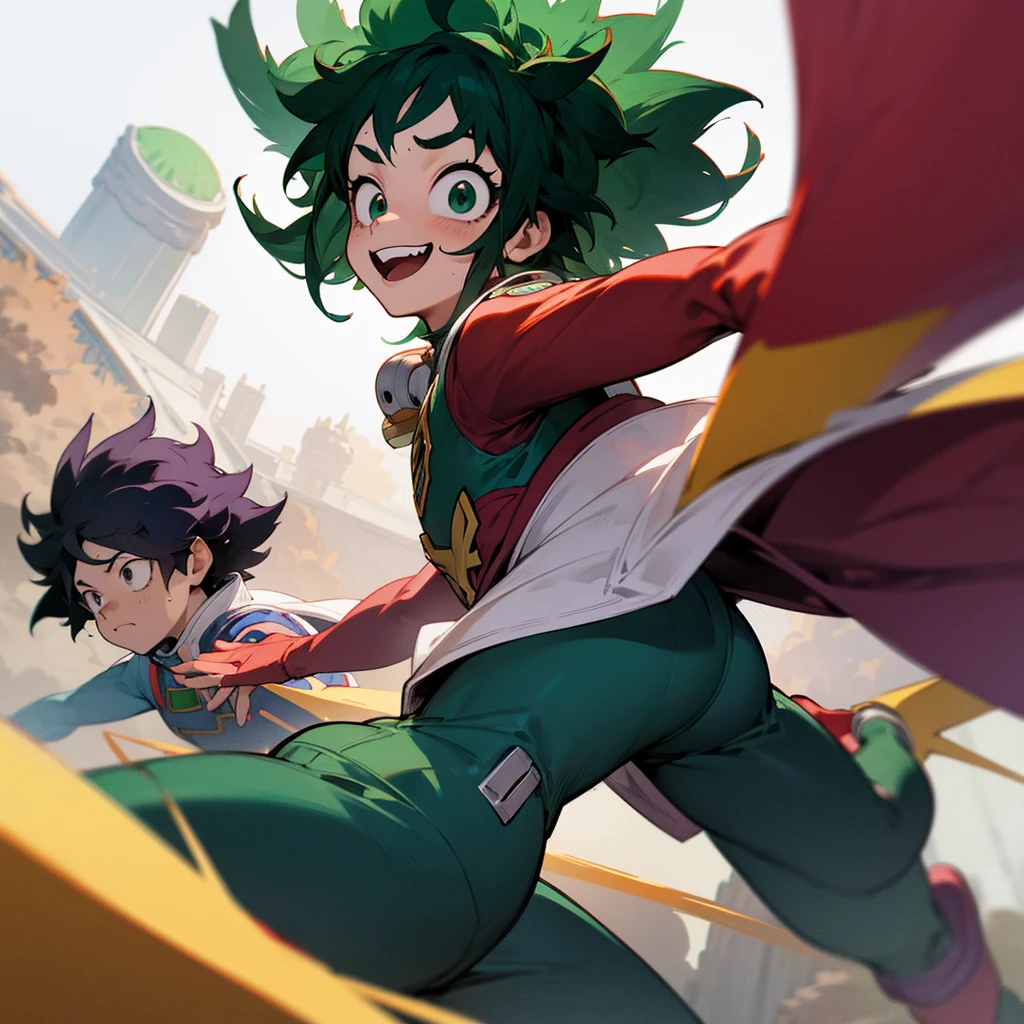 Captura de my hero academia,chica baja estatura pechos grandes,pelo morado claro con Izuku Midoriya