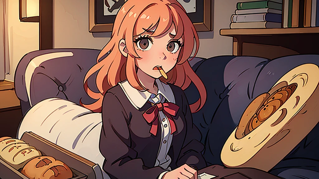 8k, {best quality}, {very aesthetic}, {ultra-detailed}, {best illustration}, A high school girl panics because she is going to be late, An ultra-elaborate living room in the early morning, {Chew bread in your mouth}, {Panic look},