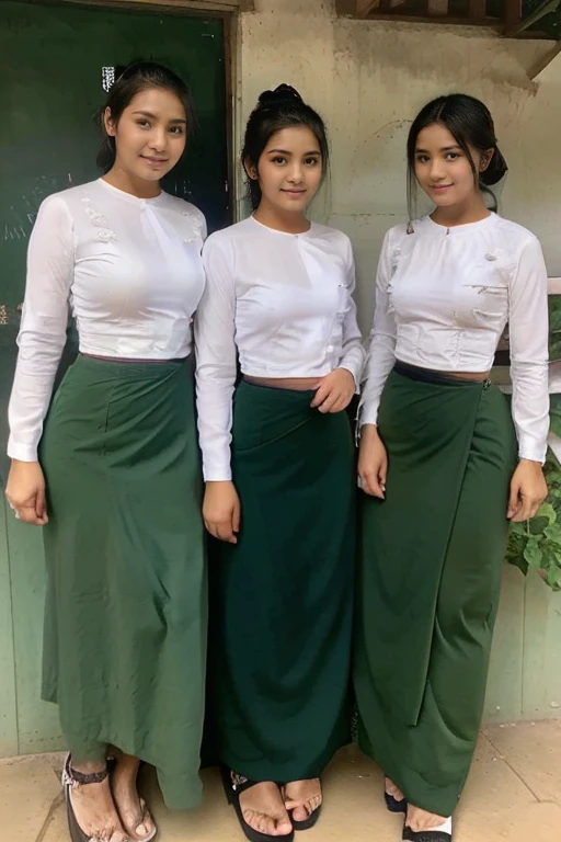 3 school teachers is 30years old.Tall, thin, big hips, big breasts, black hair, small lips, brown eyes, attractive, K.Top=white Burmese blouse,With long sleeves,Buttoned at the side.Bottom=(Dark green) long skirt.
Footwear=female Burmese sandals,The hair is knotted bun.