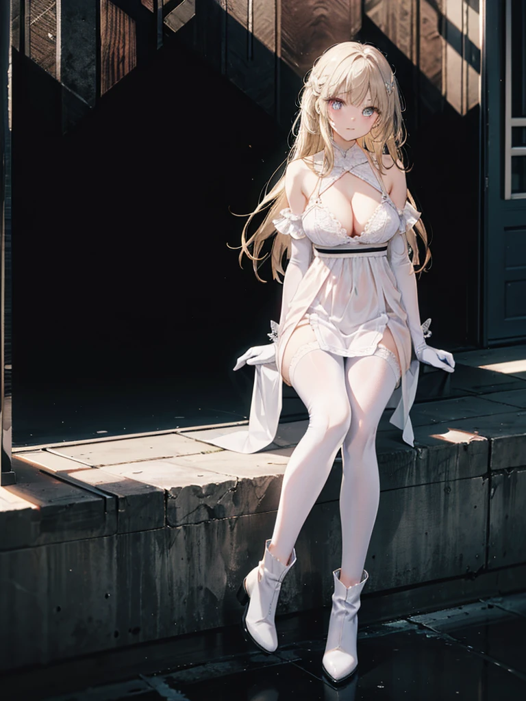 ,long hair,straight_hair,bright_pupils,cleavage,slender_waist,ankle_boots,elbow_gloves,1girl,white_pantyhose,lace,