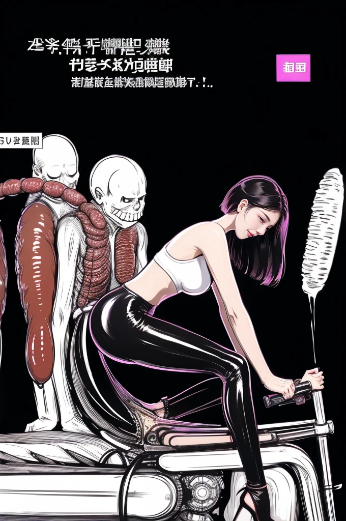 The beautiful girl in lace top and leggings is sitting astride a pile of skeletons in the center of the picture. She is holding a trembling sausage with juice squeezed out in her hand and smiling. There are multiple comic storyboards in the background,cbt, sausage bondage,sausage insertion,Sexy, trampling sausage with high heels heel,(masterpiece, best quality:1.2),1 beautiful girl,sexy,comic storyboard:2, leggings, sit astride, axially symmetrical:2, ,femdom,sounding,cbt,hold,smile,colorful,leggings,thin gap,cameltoe,insertion,trembling,juice,spray, Long hair,Lace top,Sexy, Shiny leggings, High heel,cleveage, trampling, in forest, saliva , Mucus,