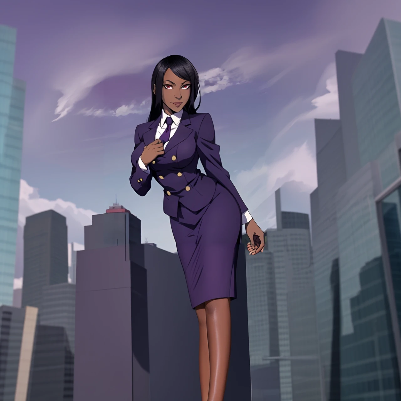 Black anime business woman in a purple skirt suit