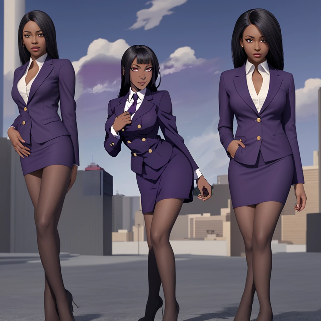 Black anime business woman in a purple skirt suit