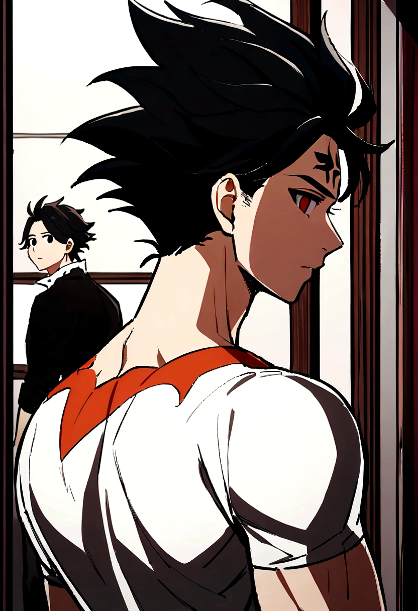 1boy, male focus, ponyzeldris, black hair, short hair, spiked hair, black eyes, red eyes, empty eyes, facial mark, muscle, back view, Wearing a white shirt, half naked, bedroom background