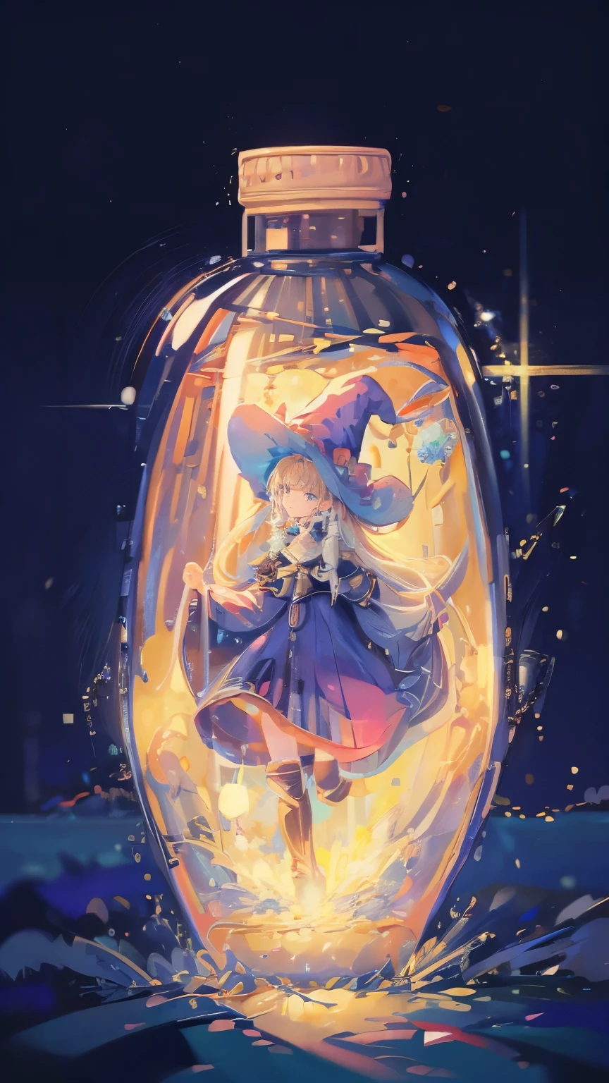 ((magic使いの女の子:1.5)), Full body photo,Perfect Face, Beautiful Face, Highly detailed face,(Long Hair:1.3),(Witch Hat:1.3),(Girl In A Bottle:1.4)、boots,Witch's broom,magicの杖,book of magic,Night Sky,たくさんのstar,Shine,smile,Light,magic,月Light,starの粒,star々,月Light,流れstar、Sparkling