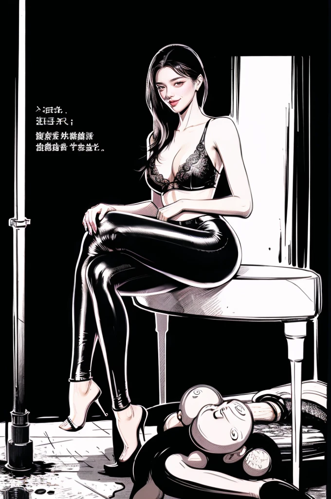 The beautiful girl in lace top and leggings is sitting astride a pile of skeletons in the center of the picture. She is holding a trembling sausage with juice squeezed out in her hand and smiling. There are multiple comic storyboards in the background，cbt, sausage bondage,sausage insertion,Sexy, trampling sausage with high heels heel,(masterpiece, best quality:1.2)，1 beautiful girl,sexy，comic storyboard:2, leggings, sit astride, axially symmetrical:2, ,femdom，sounding，cbt，hold，smile，colorful，leggings，thin gap，cameltoe，insertion，trembling，juice，spray， Long hair,Lace top,Sexy, Shiny leggings, High heel，cleveage, trampling, in forest, saliva , Mucus，