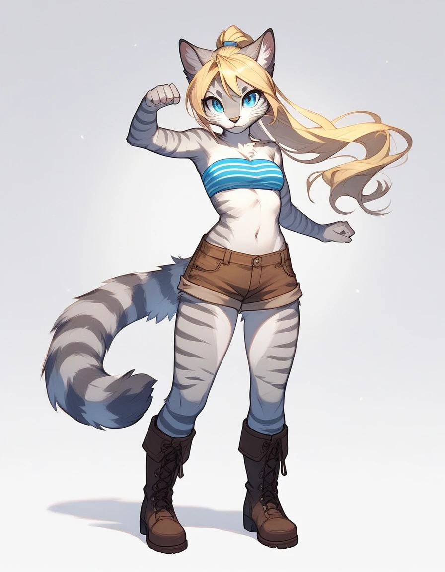 Solo, score_9, score_8_up, score_7_up Anthro furry feline, Kat, silver furry body, grey striped body, blonde hair, hair in ponytail, blue eyes, long blonde hair, standing, basic standing pose, white background, wearing blue bandeau, brown short shorts, brown boots, full body shot, front view
