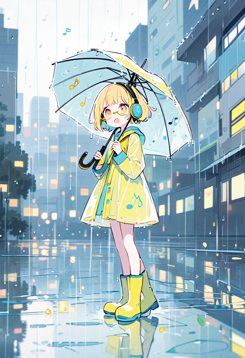 (extremely detailed fine touch:1.3),absurdres, highres,BREAK kawaii girl holding umbrella and singing song, rainy day, musical notes, Rainy cityscape, open mouth,  (super very short hair:1.3), (yellow glasses:1.3), underrim_metal, headphones, rain boots, water reflection, pastel tone