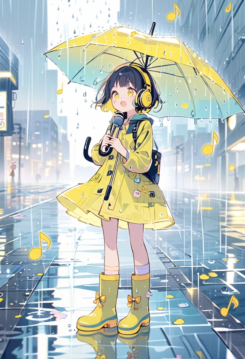 (extremely detailed fine touch:1.3),absurdres, highres,BREAK kawaii girl holding umbrella and singing song, rainy day, musical notes, Rainy cityscape, open mouth,  (super very short hair:1.3), (yellow glasses:1.3), underrim_metal, headphones, rain boots, water reflection, pastel tone