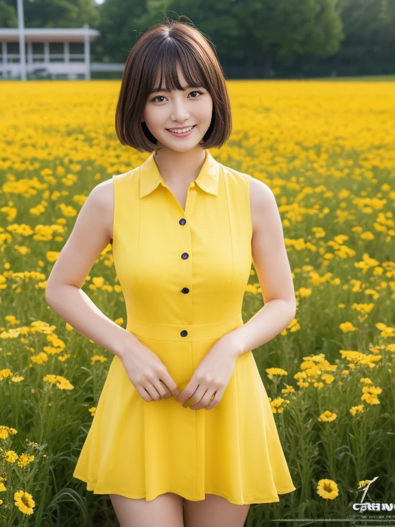 (Highest quality,8k,RAW Photos,Realistic,High resolution:1.2),(Cute Japanese Girl)(26 years old)、difficult、Sublime Dreams、Prisoner of war of a male classmate、The presence of idols),(Beautiful Realistic Asians:1.5、kind)、Professional,smile,(Naughty body)、(Large Breasts:1.20)、Plump butt:1.3, Flower Field、The flower colour is yellow, Cowboy Shot、(Sleeveless dress shirt with closed front), , Leave the first, second, and third buttons of your shirt open, Short Bob Hair、