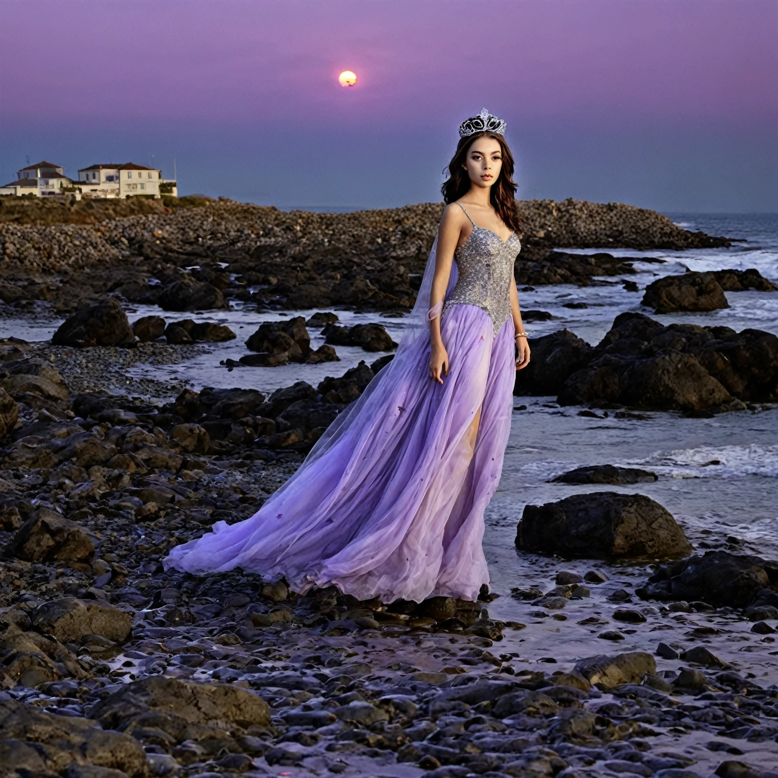 A beautiful creature with a lavender flowers tiara walks on a creepy rocky beach, beach sunset, shadowlike ghost floating, nightmare, gloomy, slightly influenced by Tim Burton and Luis Royo, highly detailed.