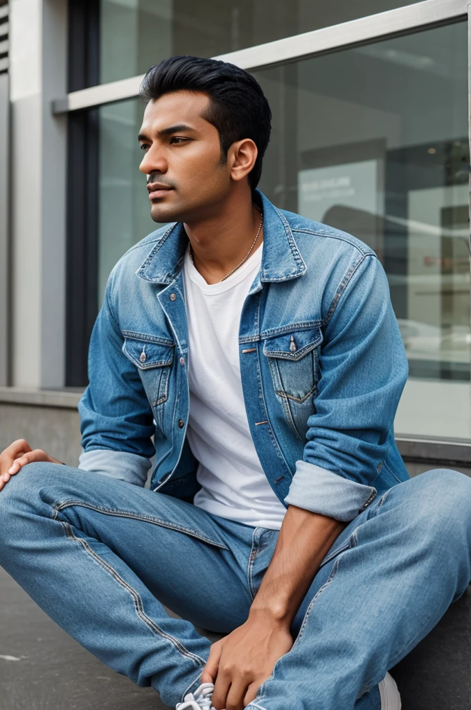 Create a 3D image featuring an animated character in a relaxed sitting position atop the "FASBOOK" logo. The character should be dressed casually in modern attire like a denim jacket and sneakers. The backdrop of the image should display a social media profile page with the username "VISHAL GAGAT" and a profile picture resembling our 3D character. Ensure that the text is accurate and not Misspelled