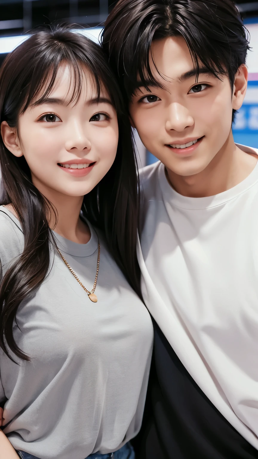 A man and a woman in loose, refreshing clothes are rubbing cheeks together、Looking straight at the camera and smiling, The background is a plain gray gradient, Close-up