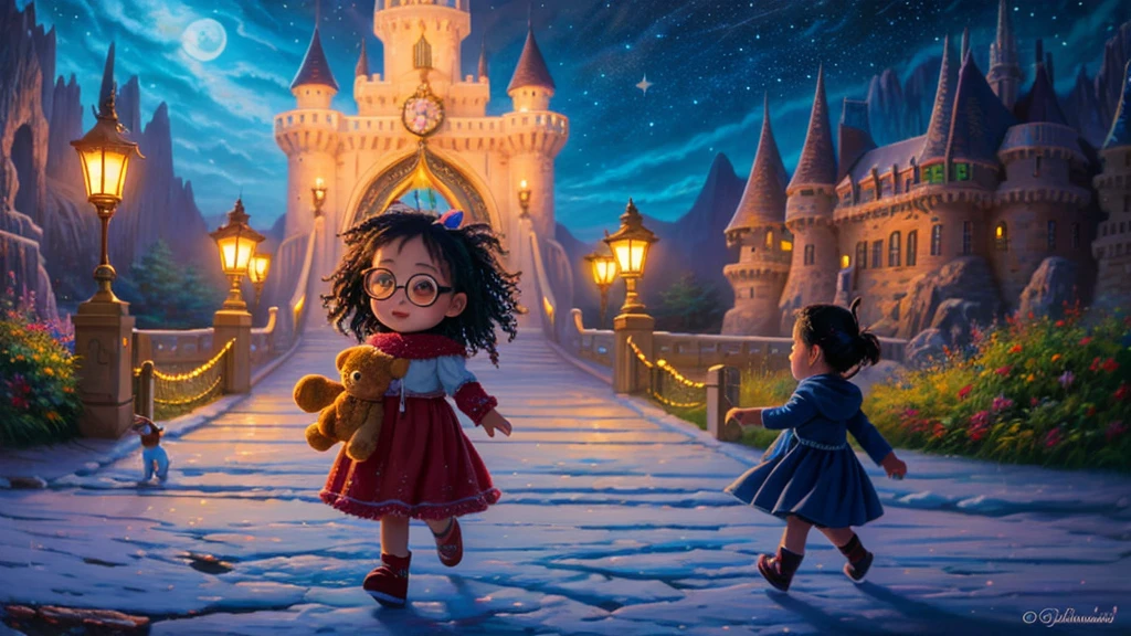 A whimsical, painterly fantasy oil painting of a toddler girl with crazy messy black hair and black glasses in her nightgown, carrying her animated teddy bear as she approaches the majestic gates of the ice castle. The scene captures a sense of awe and anticipation, with the ice castle glowing in the distance. The sky is filled with vibrant colors of dusk, and the setting exudes a magical, enchanting atmosphere.