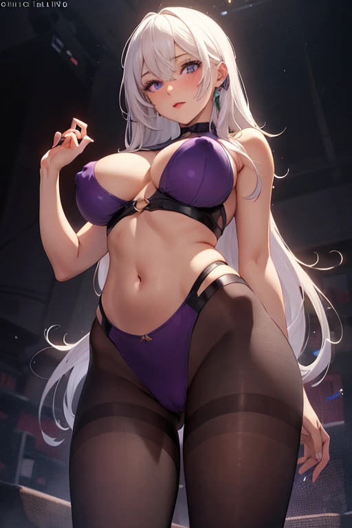 ((mejor calidad)), ((Obra maestra)), (detallado),1girls ai_generated black_pantyhose blush breasts cameltoe covered_navel nipples female nude_girl from_below large_breasts long_hair looking_at_viewer wide_hips pantyhose parted_lips purple_background purple_eyes shirt solo thighband_pantyhose thighs white_hair white_shirt huge_thighs