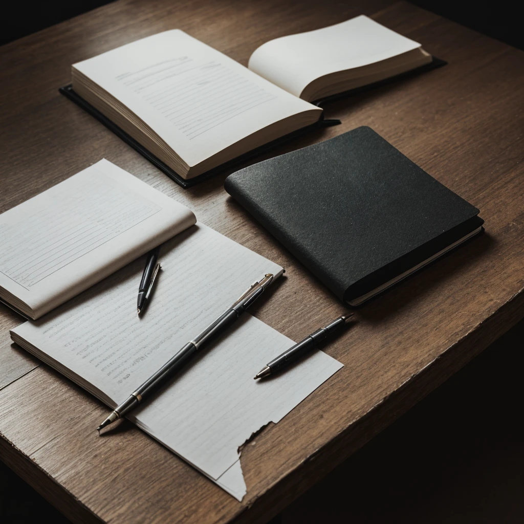 a black notebook on a dark brown desk, photo-realistic, messy, slightly blurred, natural lighting, minimalist style, textured paper, worn edges, high detail