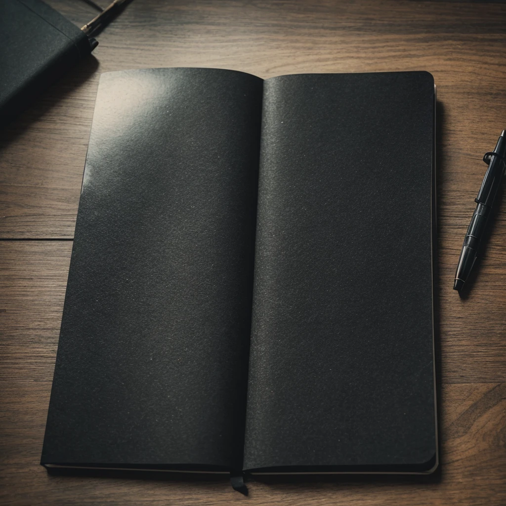 a black notebook on a dark brown desk, photo-realistic, messy, slightly blurred, natural lighting, minimalist style, textured paper, worn edges, high detail
