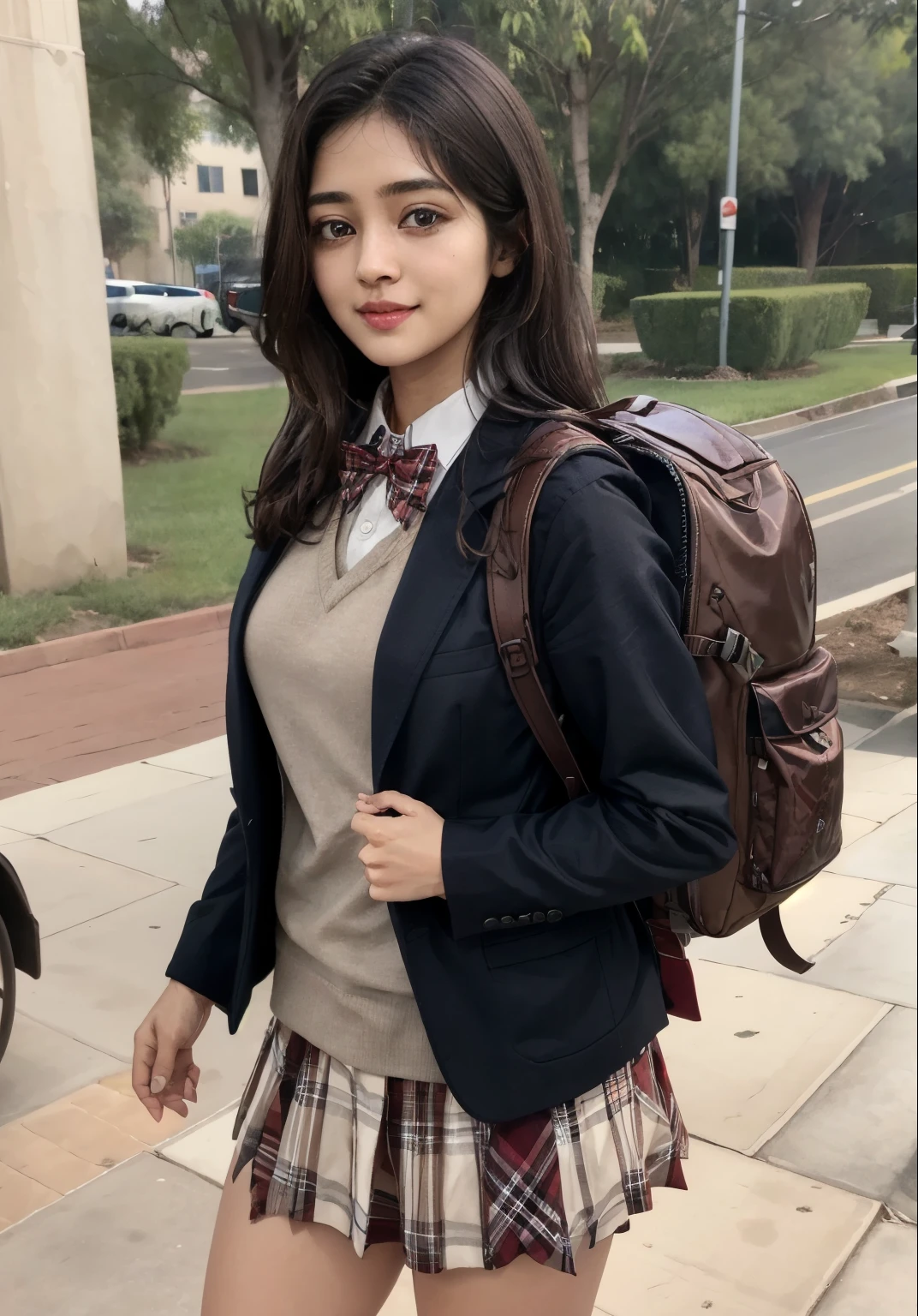 (masterpiece, best quality:1.0),indian girl, (india:1.2), highly detailed,  detail,  1girl , highschool student, long hair, brown hair, UNiform, red bowtie, collared shirt, sweater vest, blazer, black blazer, opened jacket, long sleeves, plaid skirt, brown skirt, outdoor,  smile,  standing, cowboy shot, wearing travel backpack, (travel backpack:1.1), red backpack 