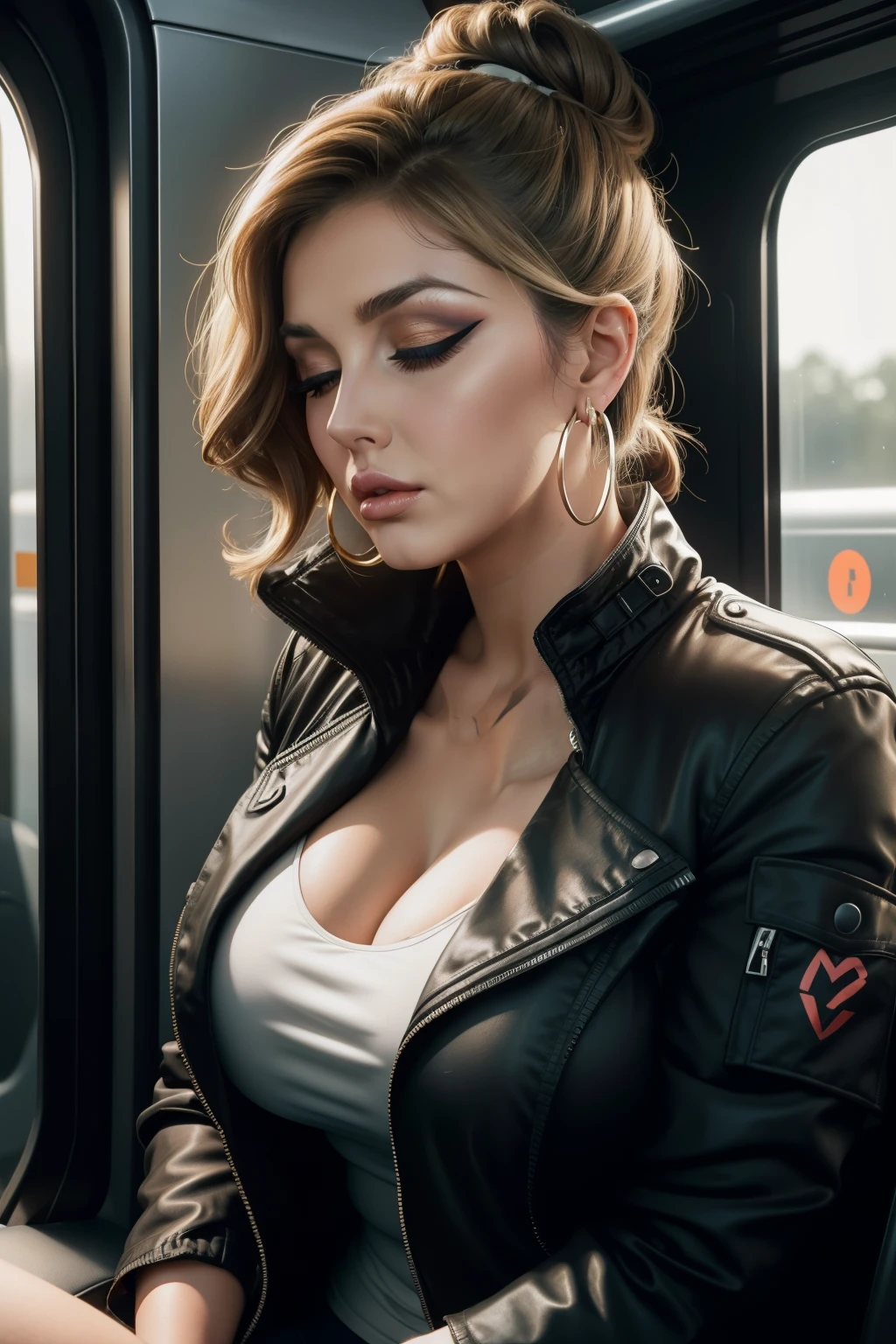 Lucy Pinder, ((Very intense makeup)), voluptuous woman, (Adele), cleavage, face portrait, short hair, hair tied in a chignon, black t-shirt, ((black jacket)), white jeans, hoop earrings, eyes closed, ((mouth wide open)), sitting on the train, sleeping