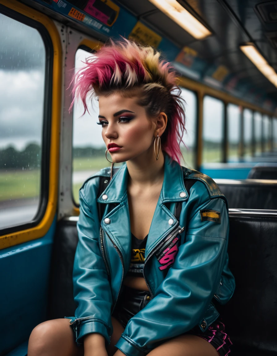 A 80s girl in 80s fashion with iconic 80s punk hairstyle, is sitting on a back of a shuttle bus, thinking wit her eyes shut, realistic style, dramatic lighting, gloomy, cloudy weather, bokeh