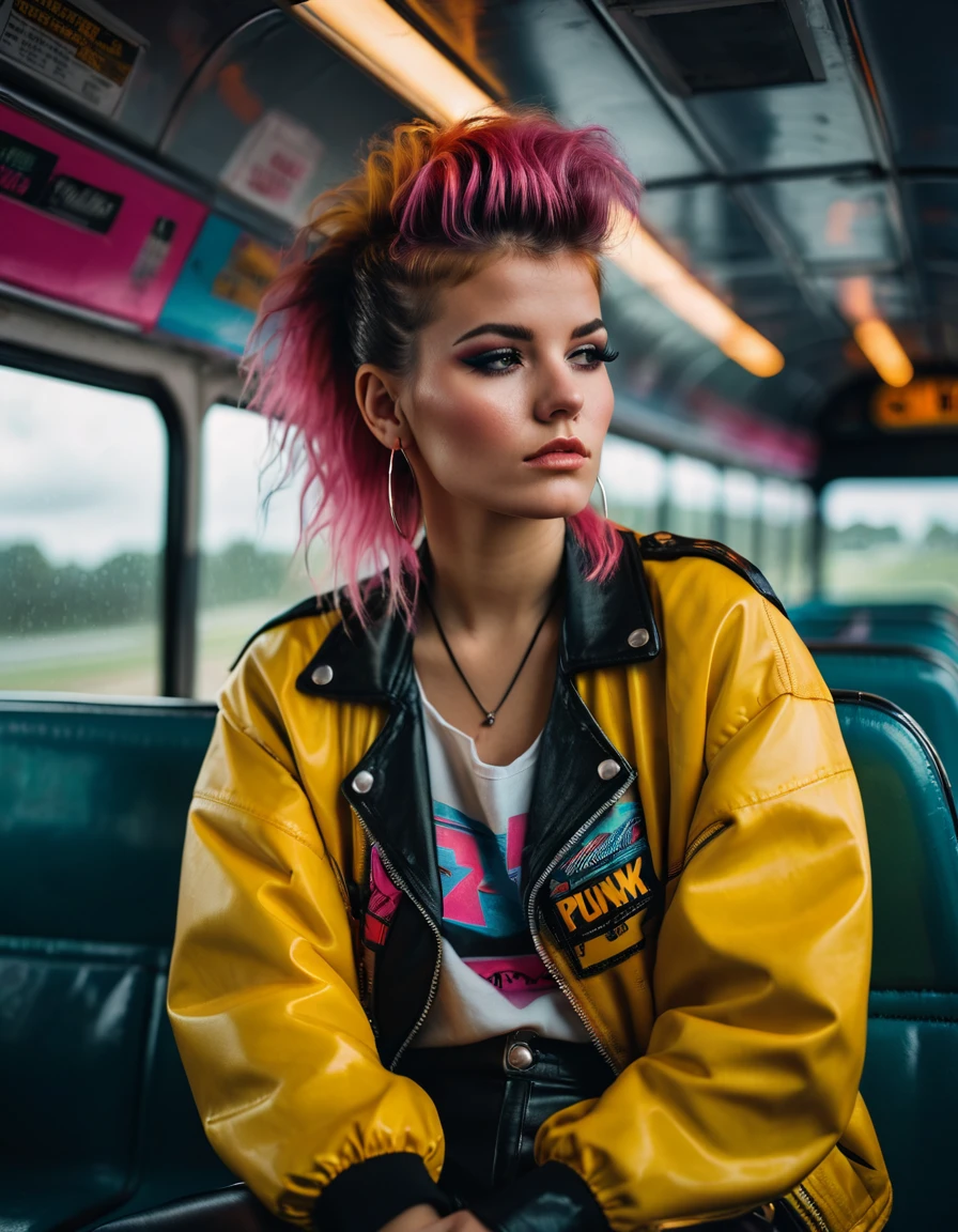 A 80s girl in 80s fashion with iconic 80s punk hairstyle, is sitting on a back of a shuttle bus, thinking wit her eyes shut, realistic style, dramatic lighting, gloomy, cloudy weather, bokeh