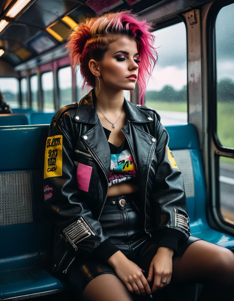 A 80s girl in 80s fashion with iconic 80s punk hairstyle, is sitting on a back of a shuttle bus, thinking wit her eyes shut, realistic style, dramatic lighting, gloomy, cloudy weather, bokeh