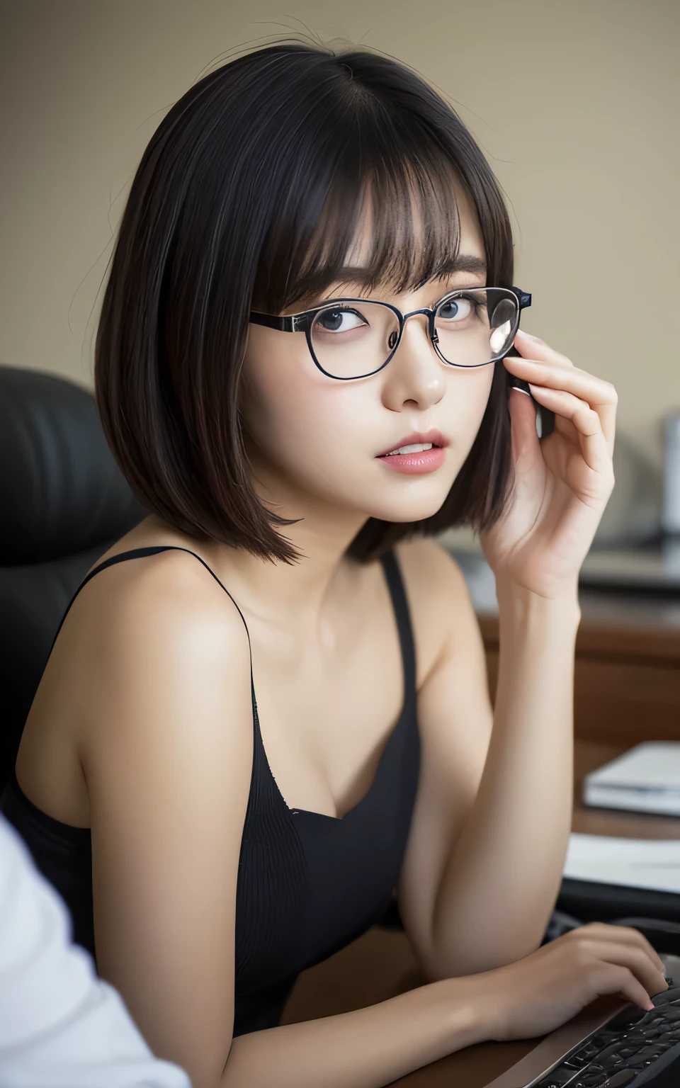 Highly detailed CG Unity 8k wallpaper, Highest quality, Super detailed, masterpiece, Realistic, photo Realistic, Highly detailed cute girl, Age 25, (office lady), (Glasses) , blush, Round eyes, Medium chest, Audience, Part your lips ,office , Computer Desk, Sitting, (Showing panties) ,Half Body Shot , Bob cut with parted bangs