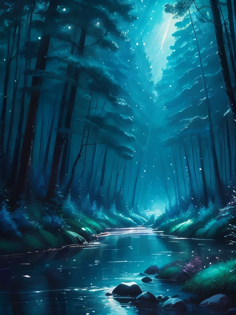 a painting of a forest with a river and stars in the sky, magical forest, magical fantasy forest, magical background, magical forest backround, glowing forest, background artwork, magical forest in the background, enchanted magical fantasy forest, magical colours and atmosphere, fantasy forest, magic fairy forest, magic forest, magical colors and atmosphere, very magical and dreamy