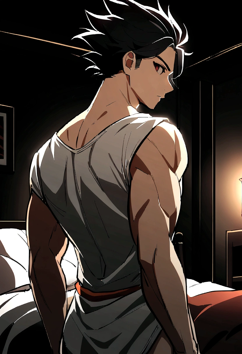 1boy, male focus, ponyzeldris, black hair, short hair, spiked hair, black eyes, red eyes, empty eyes, muscle, back view, Wearing a white shirt, half naked, bedroom background