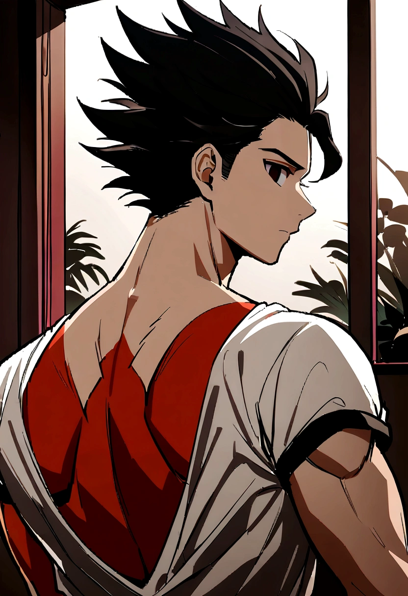 1boy, male focus, ponyzeldris, black hair, short hair, spiked hair, black eyes, red eyes, empty eyes, muscle, back view, Wearing a white shirt, half naked, bedroom background