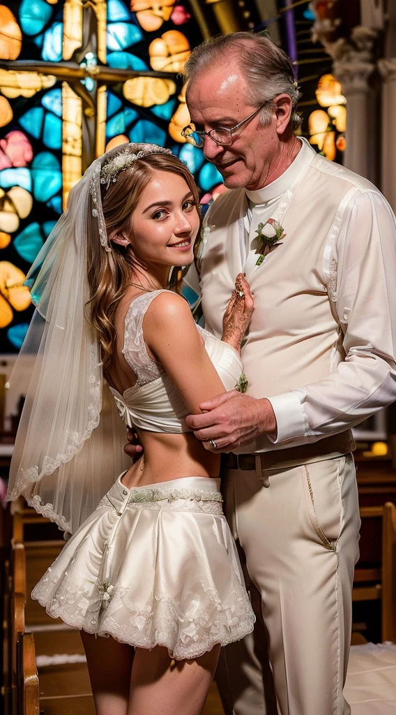 (Father-daughter marriage scene:1.9)), (one ultra sexual sexy angelic horny incredibly gorgeous supermodel daughter bride embracing her father:1.7), pinned against a wall, high quality fingers, normal hands, detailed fingers, masterpiece, (she is wearing an ultra sexy tight micro-mini bridal skirt:1.7), (realistic, photo-realistic:1.37), (full body:1.5), (masterpiece), best quality, ultra beautiful woman, (thin slender legs:1.5), FF cupped breasts, deep cleavage:1.5, thin waist, perfect teeth, blonde hair, bright blue eyes, cute round ass, with a fun quirky smile, unbuttoned blouse, ((inside a church a girl getting married to her father:1.5)) , view from front