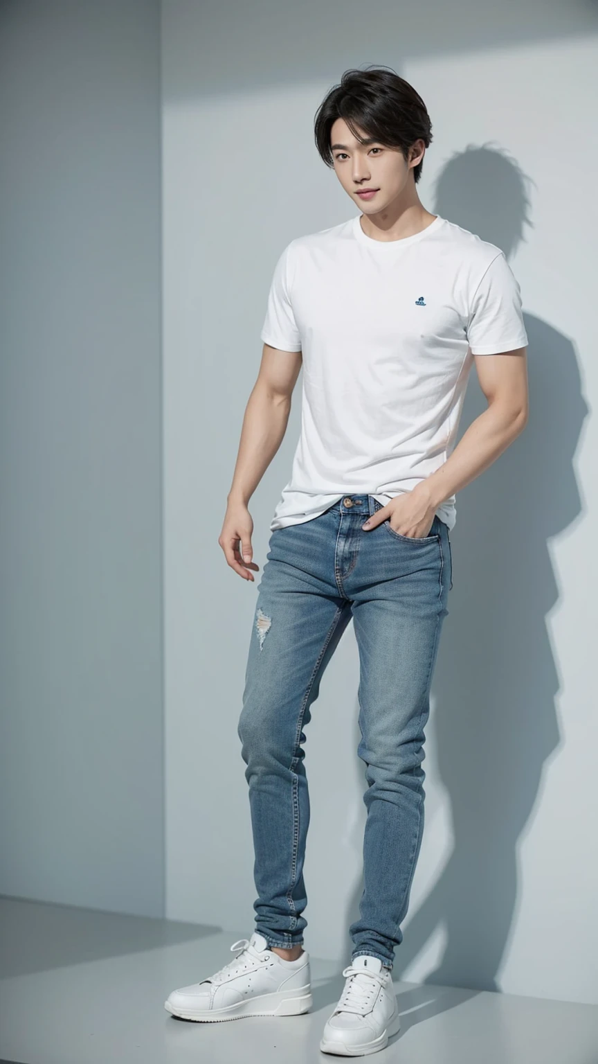 The 28-year-old refreshing and handsome korean man standing in studio, (((wearing glass))), simple background, ((full body)), jeans, sneakers, smile,(real photos)(Natural light on face)、korean 28-year-old man, white t-shirt, muscular、(top quality)、Super detailed、(masterpiece)、 Ultra high quality、(masterpiece)、Ultra high quality、very handsome hair