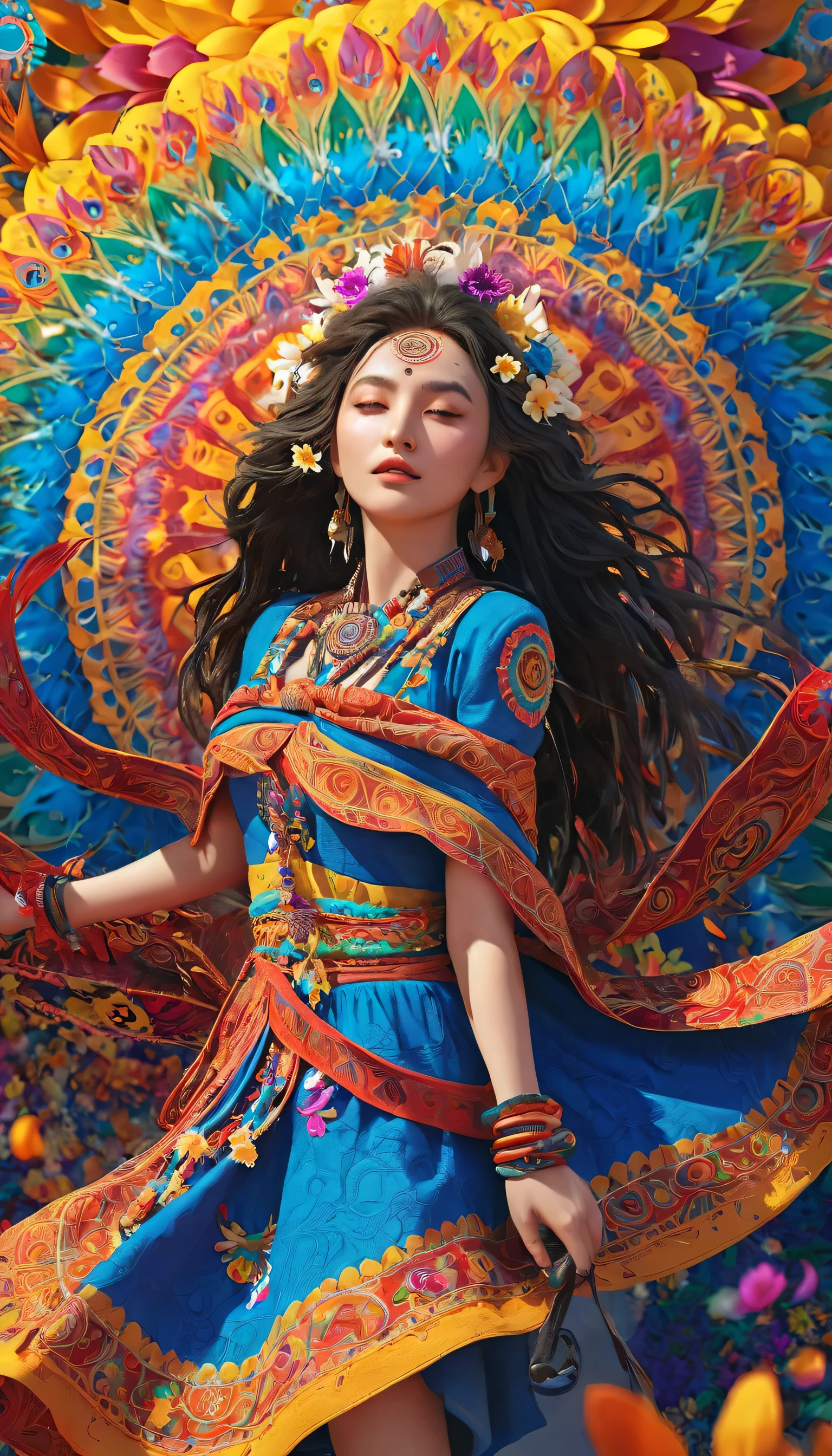 Official Art, Unity 8k wallpaper, Extremely detailed, beautiful Beauty, beautiful, masterpiece, best quality, (Tangled, Mandala, Tangled, twist), (Flower Ecstasy: 1.2) Dynamic Angle, Cowboy shooting, The Most beautiful Chaotic Forms, grace, Brutalist design, Vibrant colors, , atmosphere, Golden Crow, Sun God, feather, fire,