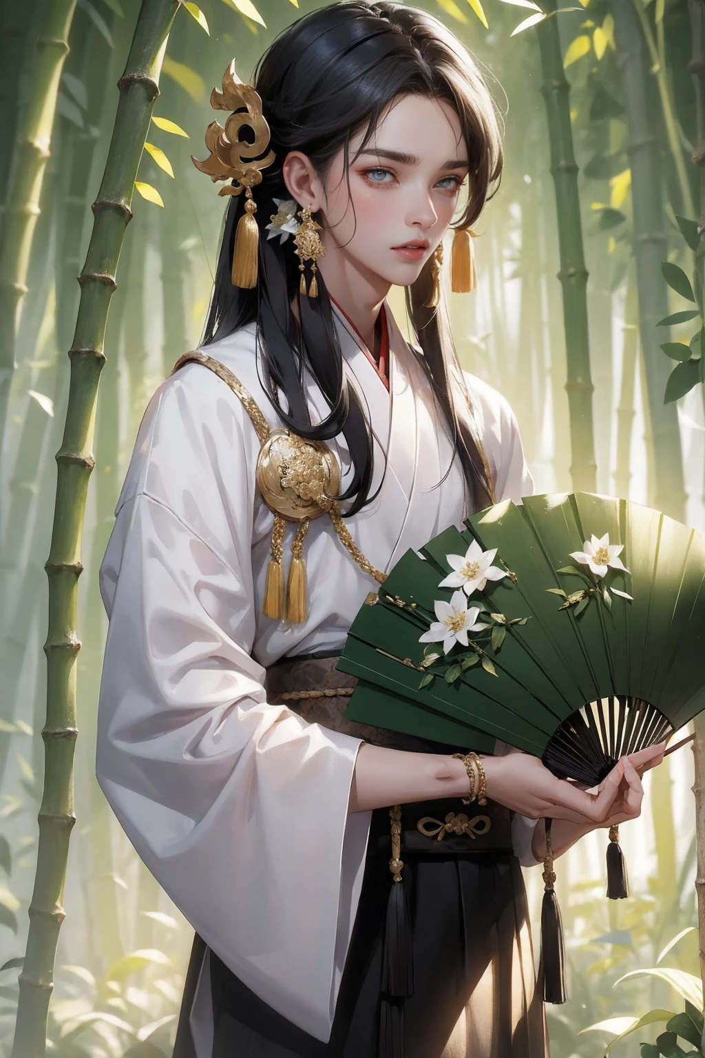 (masterpiece:1.2),best quality,PIXIV,Chinese style,hair ornament,solo,jewelry,black hair,white flower,long hair,A close-up of a boy in a bamboo forest, long black hair, ponytail, green headdress, carrying a lantern, bamboo leaves falling, hazy smoke, green Hanfu,23 year old boy,1boy,pretty 23 year old boy,professional boy photo, photo of boy 23 years old, thin boy,mature beautiful face,fair skin,super scale, 24k,hdr,perfect body boy,blush, big Ogi folding fan,parted lips,black eyes,tassel,lips,chinese clothes,pretty boy