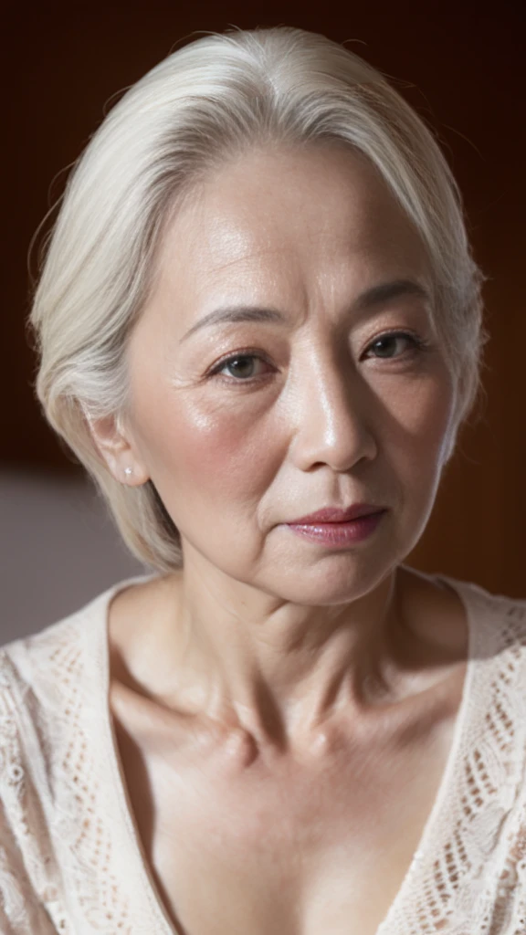 Late Elderly, gravure, Face close-up, Heavy makeup, Highest quality, Super detailed, Realistic, Highly detailed skin, Perfect Anatomy, (chinese mature woman), (alone), 100 years old, Big Breasts, Mature Pornstar, Glamour, Sexy, Chromo White Skin, View Viewer,