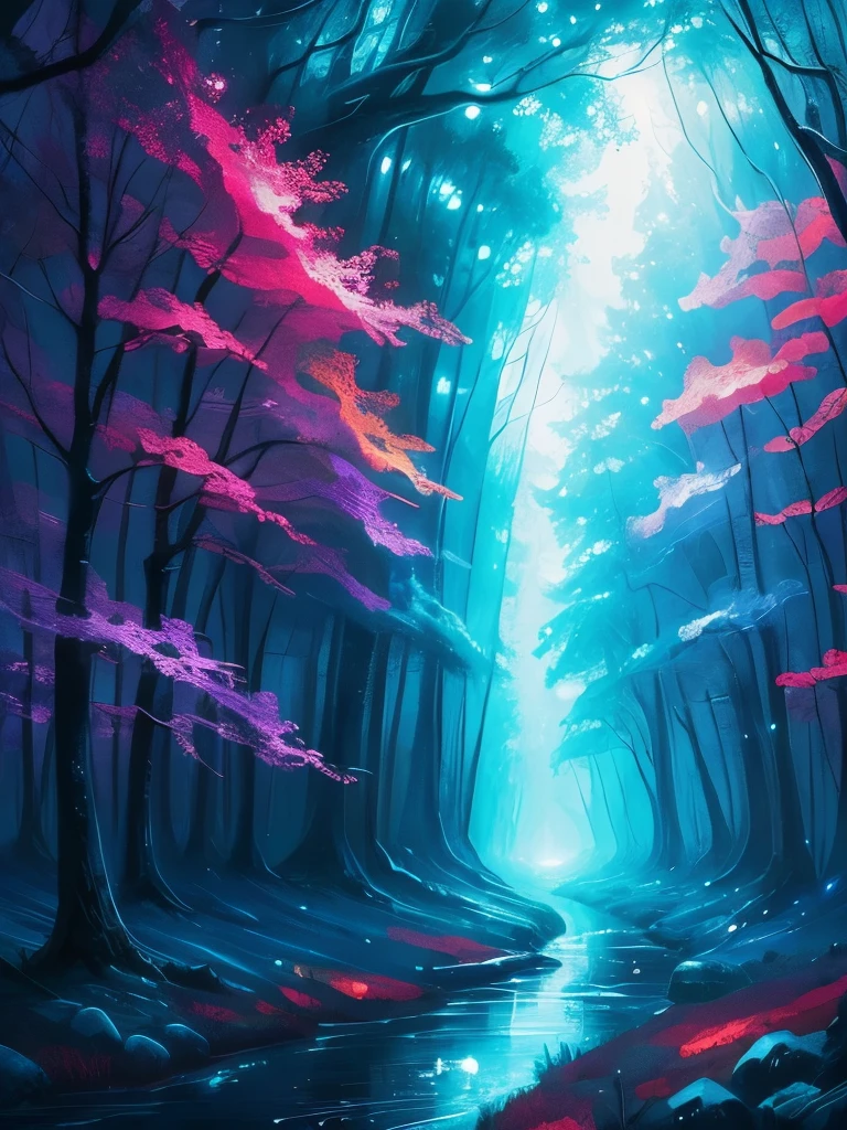 a painting of a forest with a river and stars in the sky, digital art inspired by Cyril Rolando, tumblr, fantasy art, magical forest, magical fantasy forest, magical background, magical forest backround, glowing forest, background artwork, magical forest in the background, enchanted magical fantasy forest, magical colours and atmosphere, fantasy forest, magic fairy forest, magic forest