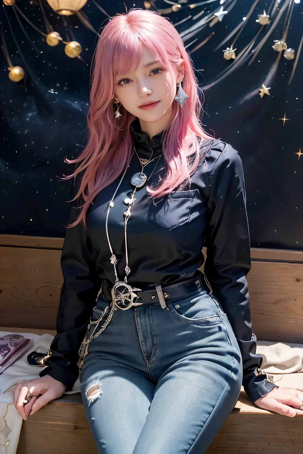 (8K, top-quality, masterpiece:1.2), (reallistic, Photorealsitic:1. 37), Super Detail, One girl,), (Highly detailed), (beautifully detailed eyes), (of the highest quality), (super detailed ), (masterpiece), (Detailed face),20yr old, ,1 girl, ((pink hair,long hair)), medium breasts, clothed, Perfect Lighting, BREAK, (deep navy and silver:1.3), (luxurious fabrics:1.2), (lightweight down jacket:1.2), (silver trim on hood and pockets:1.2), (elegant navy blue blouse:1. 3), (starry accents on sleeves:1), (skinny jeans:1.2), (stretch fabric:1.1), (elegant and slim silhouette:1.2), (starry details on pockets:1.2), (black silk socks:1. 1), (black sneakers with silver sole and logo:1.1), (star and moon accessories:1.2), (silver jewelry:1.1), (star earrings:1.1), (moon phase necklace:1. 1), BREAK, (from upper body to thighs:1.1), (pink-haired beauty:1.2), (long hair with gentle waves:1.2), (side-swept bangs:1.1), (smile:1.2), (happy expression:1. 3), (hands resting on hips:1.1), (upper body turned slightly towards the stall:1.1), (japanese summer festival food stall:1.3), (stall:1.2), (colorful lanterns:1.2), (starry night sky background:1.5), (warm lighting from the stall:1.2), (mysterious silhouette of the model:1.2), (highlight on pink hair:1.1)
