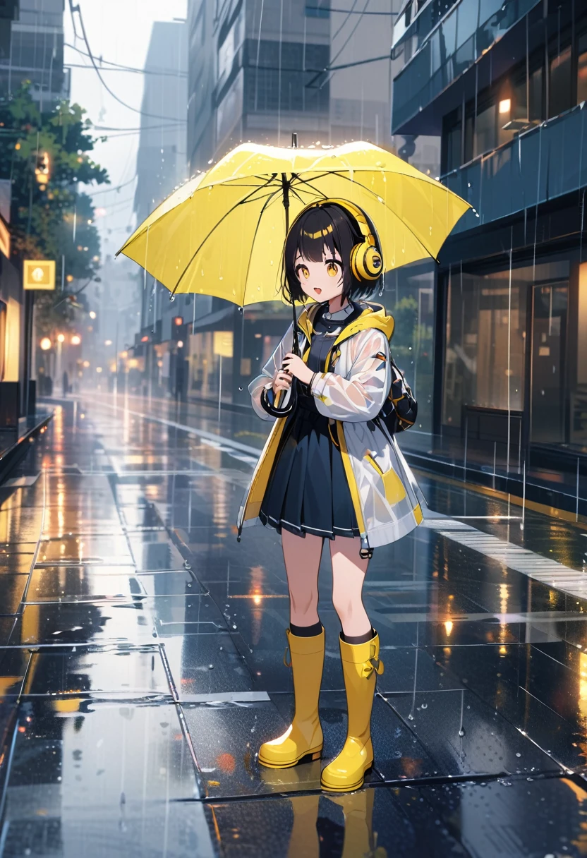 (extremely detailed fine touch:1.3),absurdres, highres,BREAK kawaii girl holding umbrella and singing song, rainy day, musical notes, Rainy cityscape, open mouth, (super very short hair:1.3), (yellow glasses:1.3), underrim_metal, headphones, rain boots, water reflection,