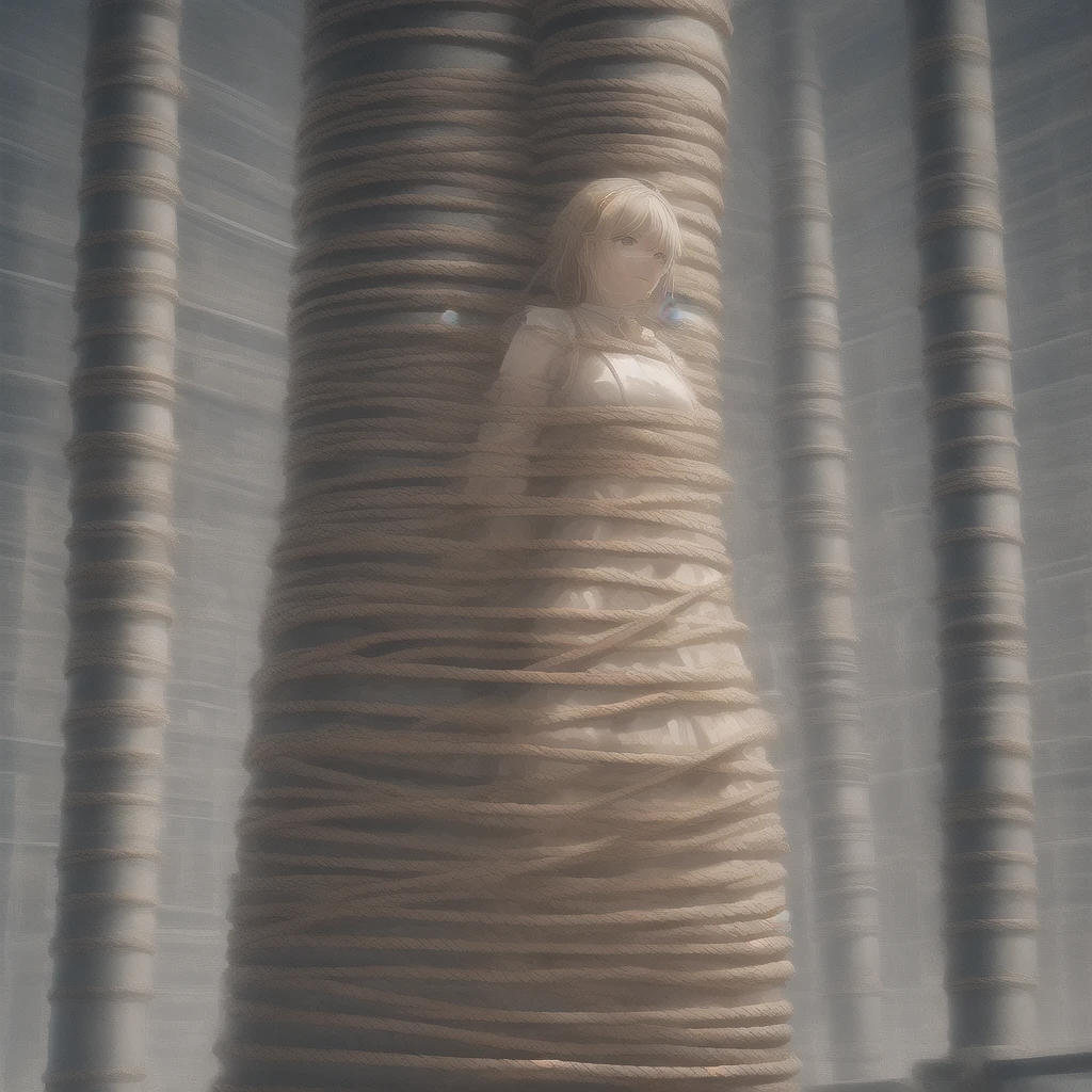 shoulder length blonde hair, green eyes, hime cut, ropes, tied up, arms behind back, wearing frilly light blue lolita skirt, white blazer
BREAK
shibari,bdsm,(((shibari over clothes,rope,bound,restrained,against pillar))),pillar,