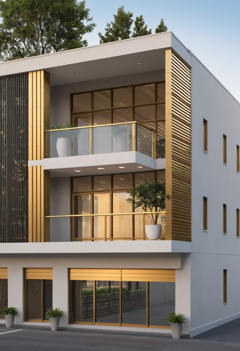 Raw photo,Masterpiece, high quality, best quality, authentic, super detail, modern style, aiaigroup,office building, decorative bars, decorative louvers, sun louvers, aluminum wall cladding, gold aluminum, outdoors, tree, building, scenery, city, road, real world location, treet, window, balcony, railing, minimalist line, daylight, realistic