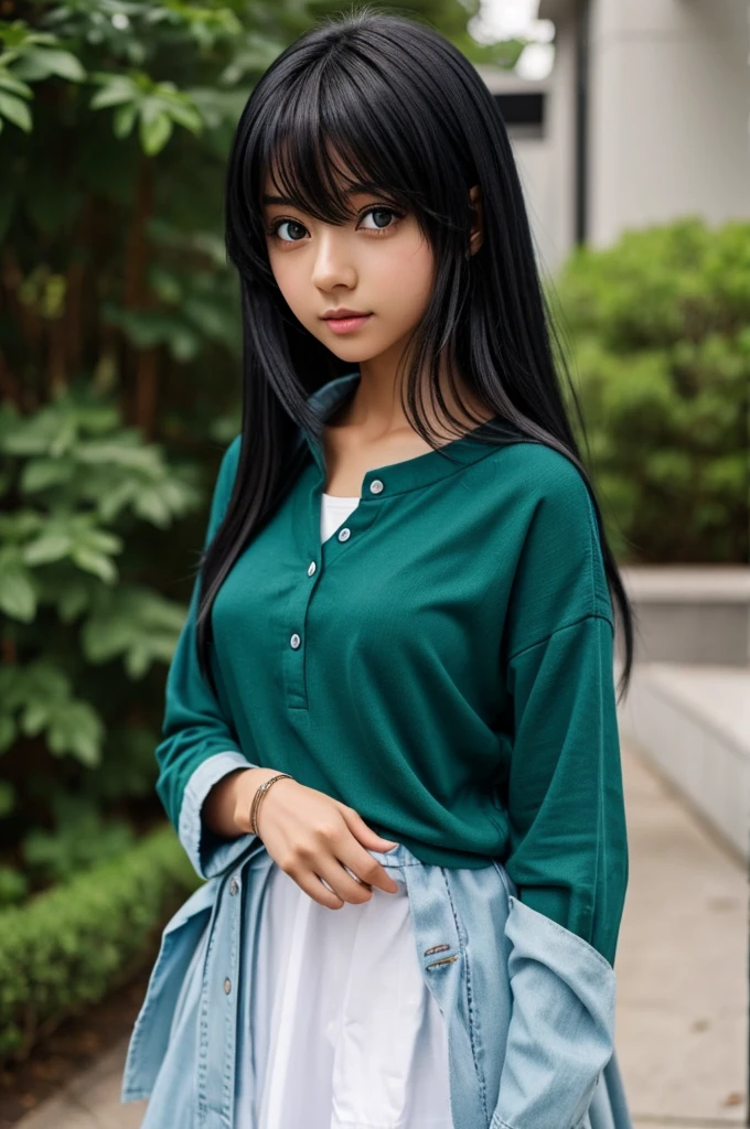 Anime girl black hair green eyes dark skin has blue clothes
