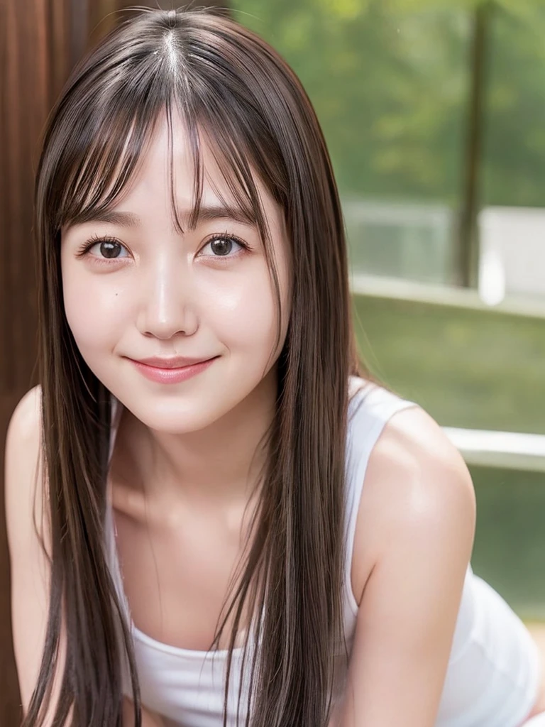 (white , topless:1.2), (Nipplble through white T-shirt:1.25), Clear cute big nipples, 　 (milk:1.25), ht bangs, long hair、Shrine maiden, Nude, , 、Show your nippleoperly from the fronese high school girl like in the photo,　Pale-skinned girl, , , necklace, 14 years old, , , ,, 8K, , Plain eyec breasts, , realistic girl, beautiful girl、kawaii high school student、I am studying, Brown Hair、Cheerleader、ribbon、Laughter, Sandy Beach, Nude, Showing teeth, 