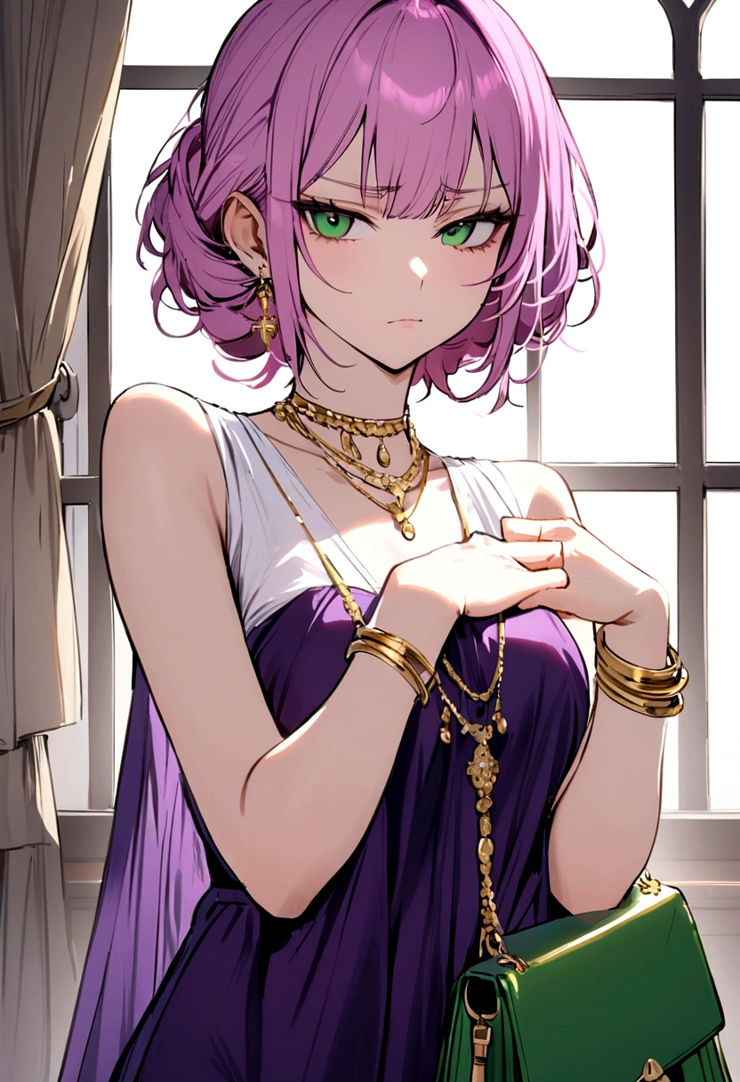 Girl with short purple-pink hair, dark green eyes, purple strapless dress, white t-shirt inside, wearing many gold bracelets, green handbag, sly face