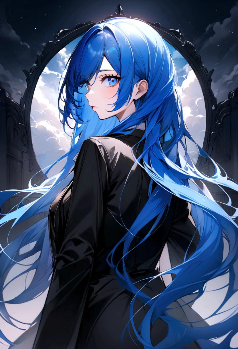 (Highest quality)(1 woman,single,blue long hair,blue eyes ,Black suit shirt,Turn to look at the viewer,The sky is cloudy.)look back ผมสวย