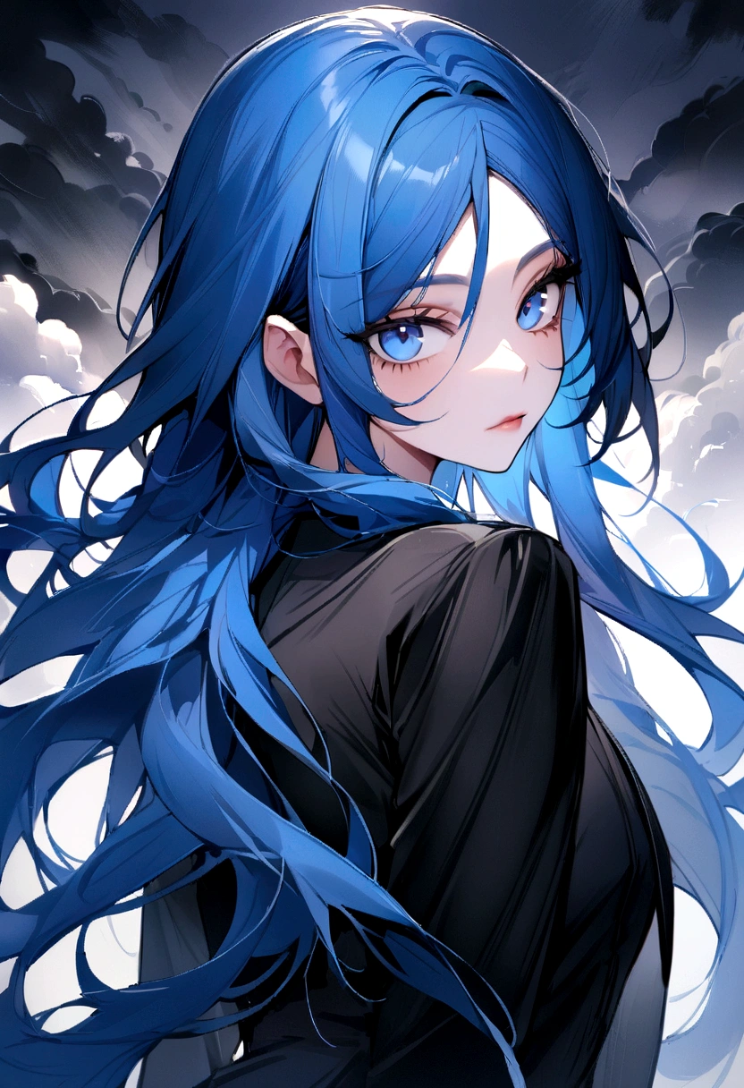 (Highest quality)(1 woman,single,blue long hair,blue eyes ,Black suit shirt,Turn to look at the viewer,The sky is cloudy.)look back ผมสวย