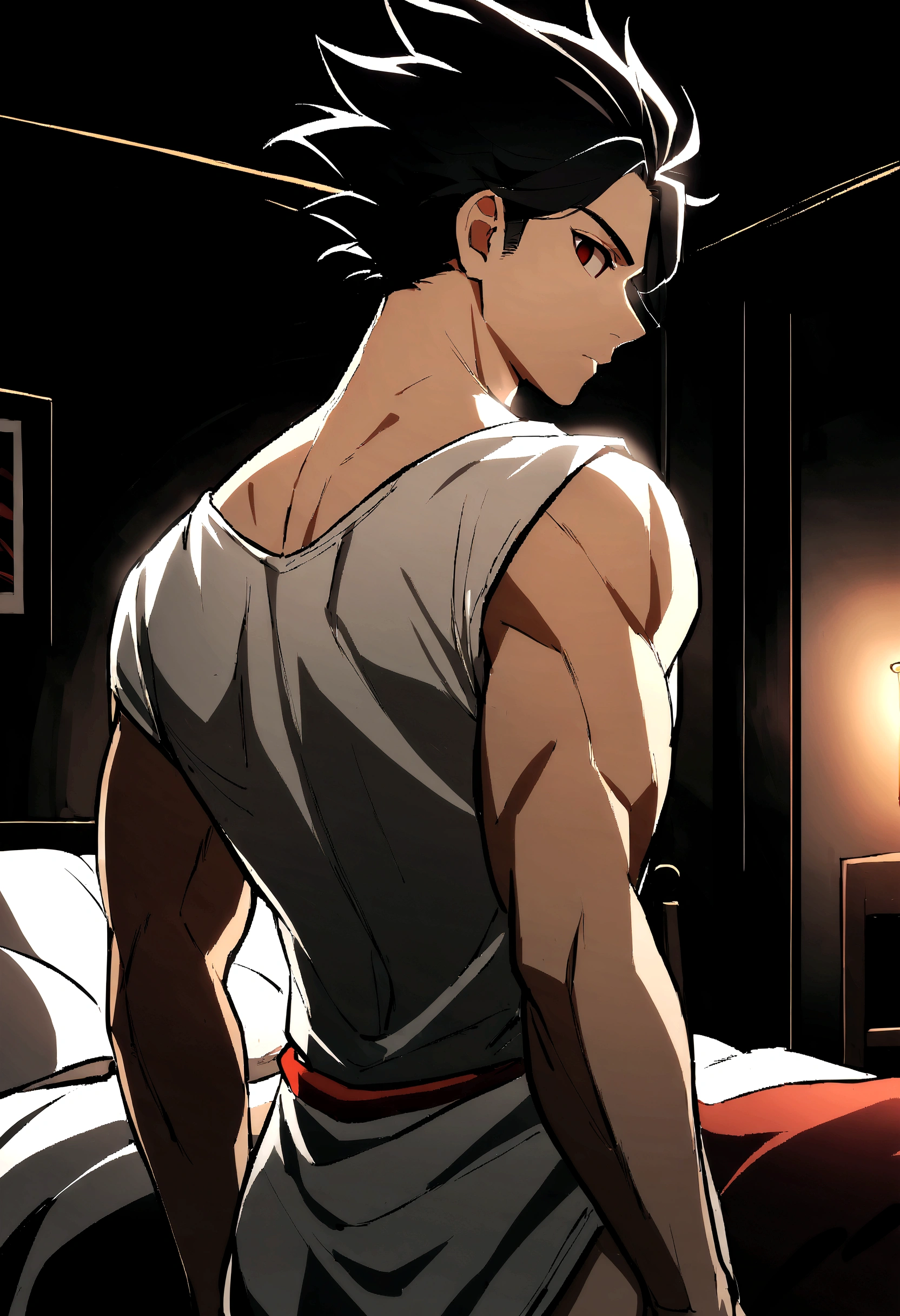 1boy, male focus, ponyzeldris, black hair, short hair, spiked hair, black eyes, red eyes, empty eyes, muscle, back view, Wearing a white shirt, half naked, bedroom background